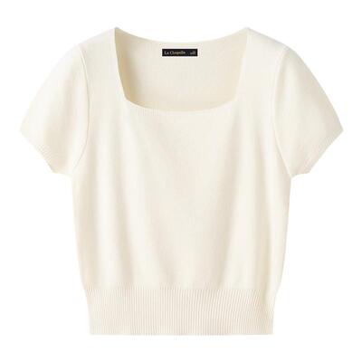 拉夏贝尔/La Chapelle春夏款法式方领短袖针织衫女纯色打底衫上衣