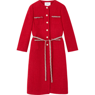 lk红色小香风粗花呢中长款外套