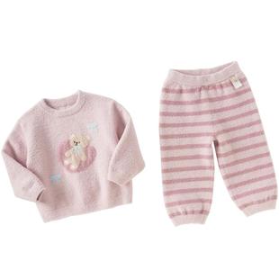 戴维贝拉儿童家居服毛绒套装保暖2026秋冬新款女童半边绒睡衣睡裤