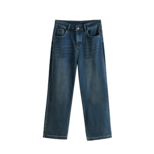 木木崧大码薄绒长九分直筒牛仔裤女冬高腰弹力胖mm植绒显瘦烟管裤