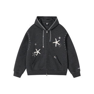 FORNINES刺绣双拉链加绒卫衣男女情侣连帽衫潮牌春季加厚开衫外套