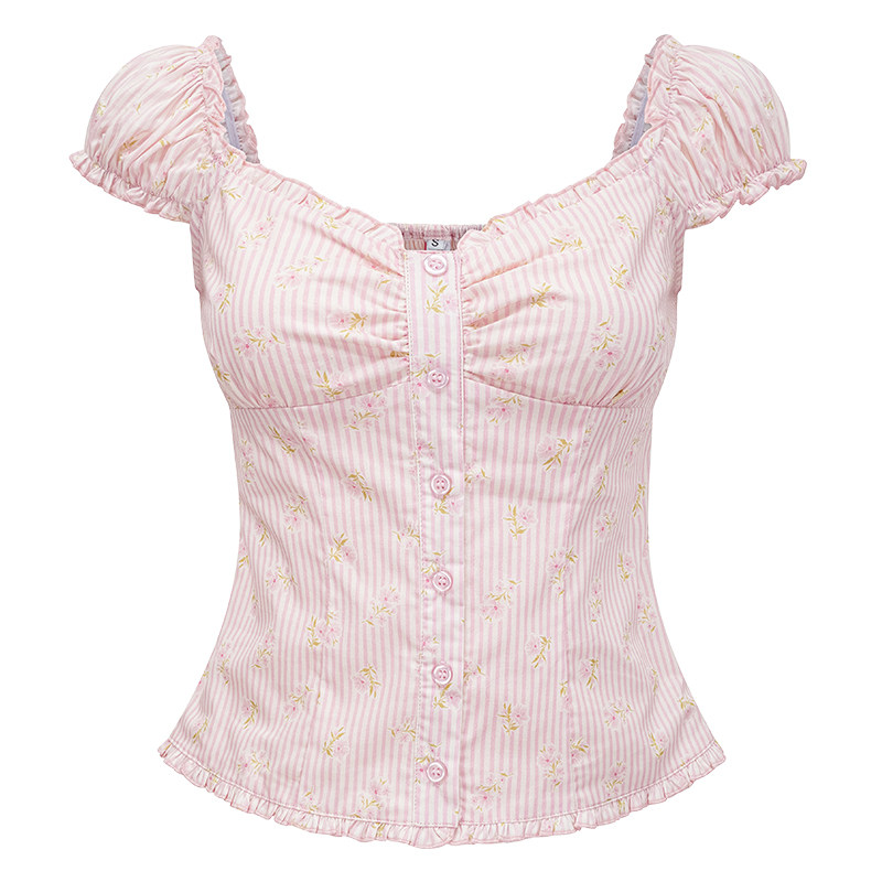 Go Girl Go 自制法式甜美粉色条纹泡泡袖小上衣女夏修身短袖衬衫