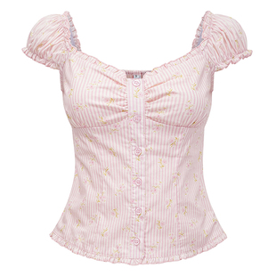 Go Girl Go 自制法式甜美粉色条纹泡泡袖小上衣女夏修身短袖衬衫