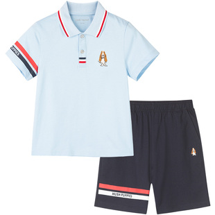暇步士童装男童套装夏新品大童透气polo短袖儿童运动短裤两件套