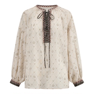 【设计师女装】ODTD26春夏新款泡泡袖衬衫印花长裤流浪嬉皮套装女