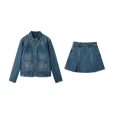 Uena蓝色水洗做旧牛仔套装