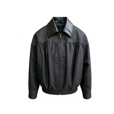 JCAESAR WOMEN 编织皮领短外套 抽褶花苞压纹拼接皮料 H型短宽