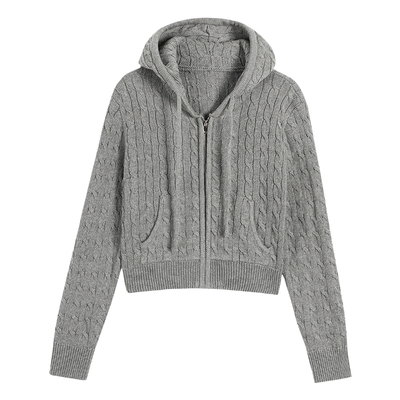 连帽麻花针织开衫女拉链毛衣帽衫