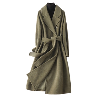 双面羊绒大衣女中长系带收腰军绿阿巴卡春秋新款高级感毛呢外套女