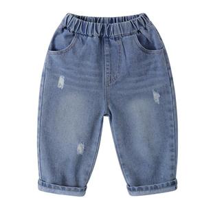 右欧女童破洞牛仔裤时尚款街头风春季新款童装儿童休闲裤男童裤子