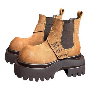 复古真皮擦色大头厚底马丁靴女英伦风加绒增高切尔西短靴烟筒靴潮