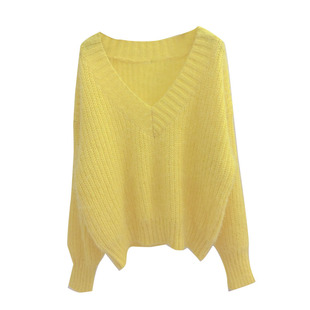 秋冬新款甜美鹅黄色宽松显瘦短款V领 套头软糯马海毛毛衣针织衫女