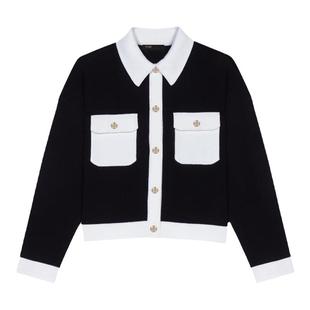 Maje Outlets秋冬女装法式时尚黑白拼接单排暗扣翻领直筒针织上衣