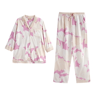 秋鹿梭织人棉贡缎睡衣女2025春秋季浪漫法式碎花七分袖家居服套装