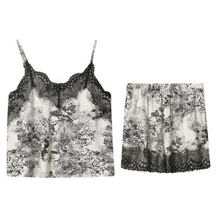 贝妍夏季女士吊带睡衣性感V领蕾丝女莫代尔套装复古风薄款家居服