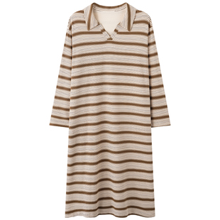 全棉睡裙女士春秋季天长袖V领条纹休闲100%纯棉连衣裙睡衣家居服