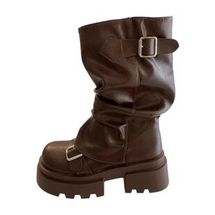 棕色厚底增高马丁靴女2025年新款春秋冬季复古美中筒靴子圆头中跟