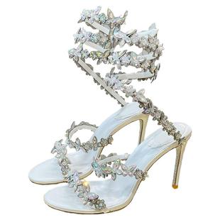 25新款法式绝美水钻花朵蝴蝶蛇形缠绕高跟鞋仙女性感露趾细跟凉鞋