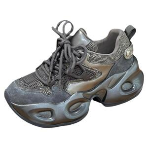 欧洲站水钻黑色真皮老爹鞋女2025新款秋季厚底轻便增高6cm休闲鞋