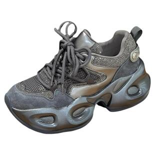 欧洲站水钻黑色真皮老爹鞋女2026新款秋季厚底轻便增高6cm休闲鞋