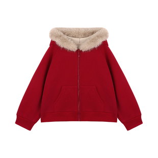Amybaby女童上衣冬季2025新款美式复古氛围加绒休闲连帽卫衣外套