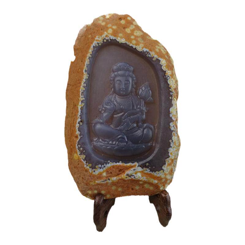 水玉冰魄大号天然原皮玛瑙片观音雕刻小摆件 佛玉髓家居摆件实物