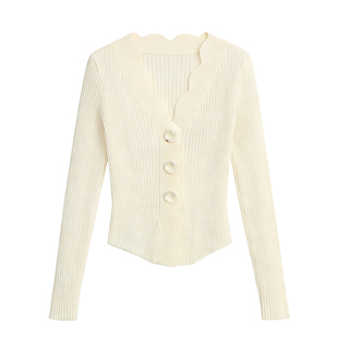 DPLAY【可机洗羊毛】白月光针织衫白色V领羊毛衫女上衣花朵毛衣