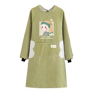 加厚棉麻做饭耐磨围裙擦手印制防污家用厨房围腰工作服罩衣长袖女