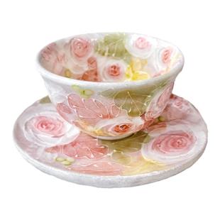 现货日本限定濑户烧梦幻手绘釉下彩浪漫花朵繁花陶器茶杯仙茶杯碟