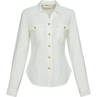 宝姿PORTSPURE女装2026春夏新品异形贝壳金属扣饰收腰短衬衫女
