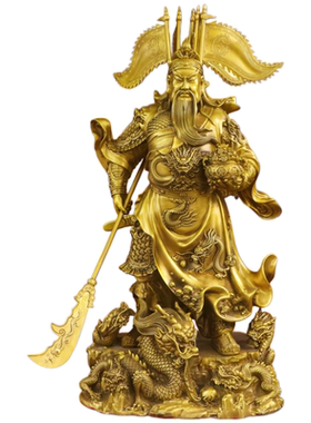 黄铜九龙关公立刀武财神关羽摆件