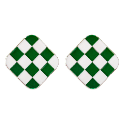 绿色棋盘格复古金属耳环
