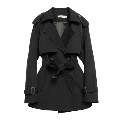 黑色经典廓形翻领收腰短款风衣