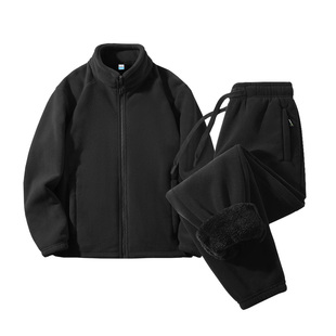 双面加绒加厚防寒奥粒绒抓绒套装中老年外套男士冬季北极绒保暖