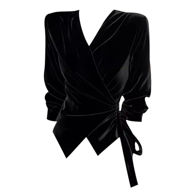 黑色v领丝绒收腰长袖衬衫女