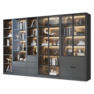 组合书柜轻奢玻璃门家用客厅展示柜一体整墙定制实木书架储物柜子