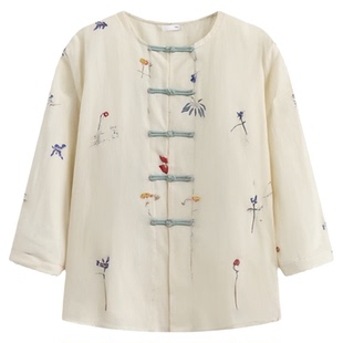 新中式国风米色碎花盘扣上衣女2025早秋新款今年流行百搭衬衫外套