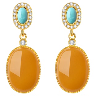 天然琥珀蜜蜡耳坠耳钉耳饰女款绿松石蛋面无事牌素面古风汉服耳环