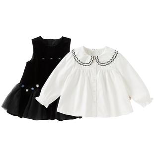 戴维贝拉儿童连衣裙2026女童新款丝绒背心裙宝宝春装衬衫两件套装