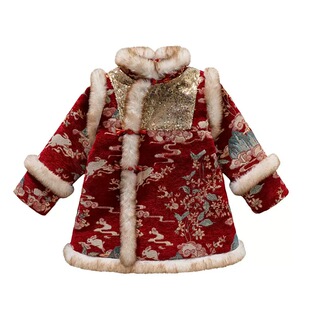 儿童拜年服女童汉服旗袍裙冬季加绒加厚喜庆过年服女宝宝国风唐装