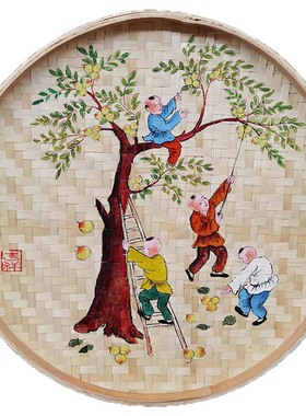 手绘簸箕画复古美丽文化墙田园