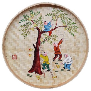 手绘簸箕画复古美丽乡村农耕文化墙素材农家乐装饰品竹编田园壁画