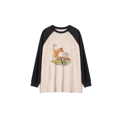 小鹿印花撞色长袖T恤女宽松上衣