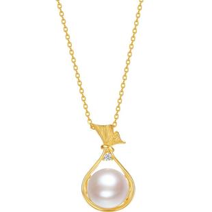 周六福项链女淡水珍珠链坠S925银黄金色优雅新年礼物送女友