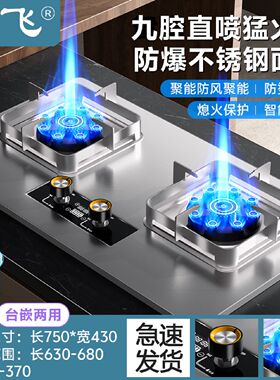 新飞不锈钢燃气灶台嵌两用一级能效双灶直喷增压煤气炉灶具大火力