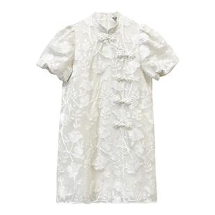 dfvc白色新中式国风连衣裙女2025新款夏季刺绣盘扣泡泡袖旗袍裙子