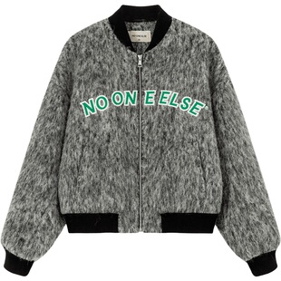 【反季】NO ONE ELSE字母羊毛呢大衣女冬贴布绣撞色拼接外套