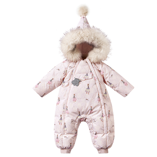 嫚熙婴儿连体羽绒服幼儿连体衣95鹅绒宝宝连帽加厚保暖外出连身衣