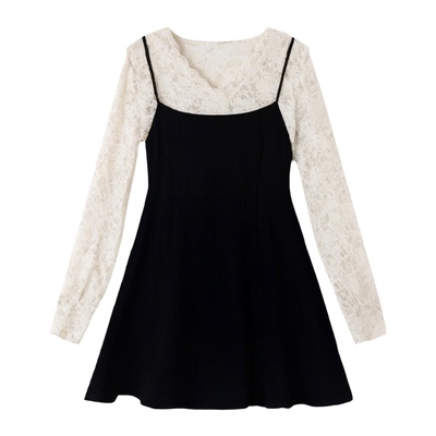 绮娑女装大码连衣裙新款显瘦胖MM蕾丝拼接吊带假两件垂坠感A字裙