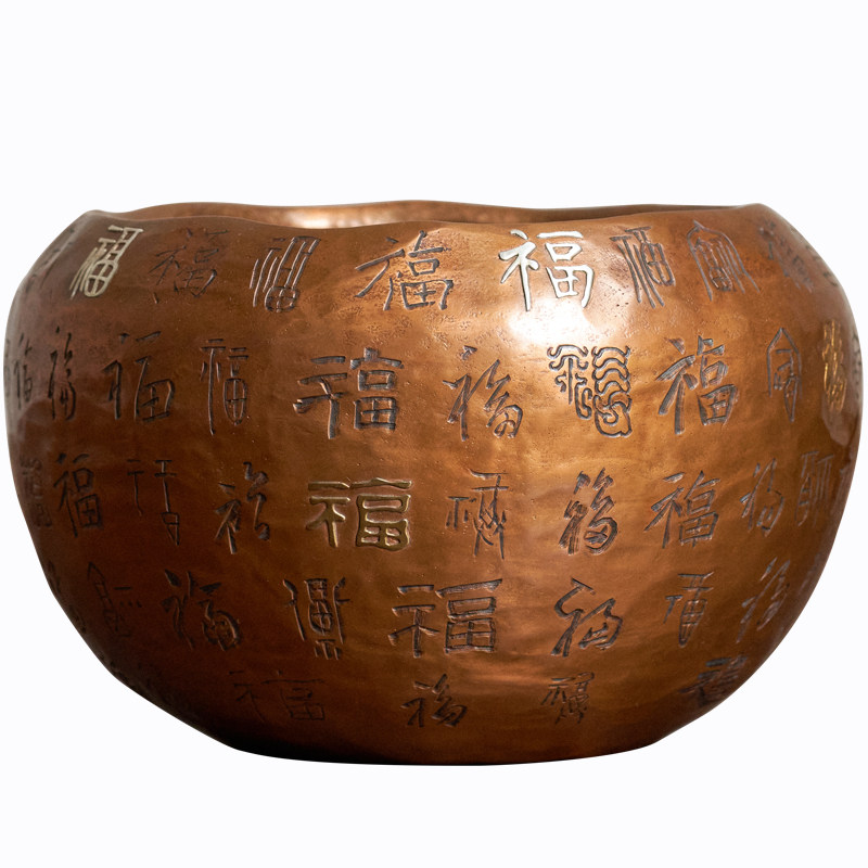 臻宝堂铜建水原创茶具纯手工雕刻百福字茶渣桶小号茶洗中式配件